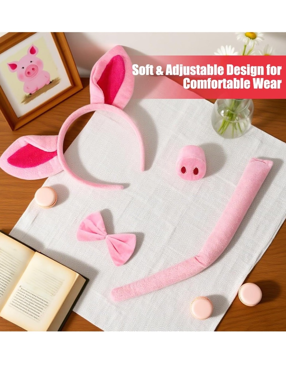 Pink Plush Pig 🐷 🐽 Costume Accessory 4 Sets - Headband, Tail, Bow, Nose